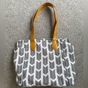 Stylish GrayishPurple and White Patterned Tote Bag with Yellow Handles